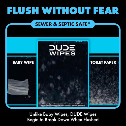 DUDE Wipes | Unscented Flushable Wipes - Extra-Large Adult Wet Wipes for Sensitive Skin - 6 Pack (288 Count) - Infused with Vitamin E and Aloe