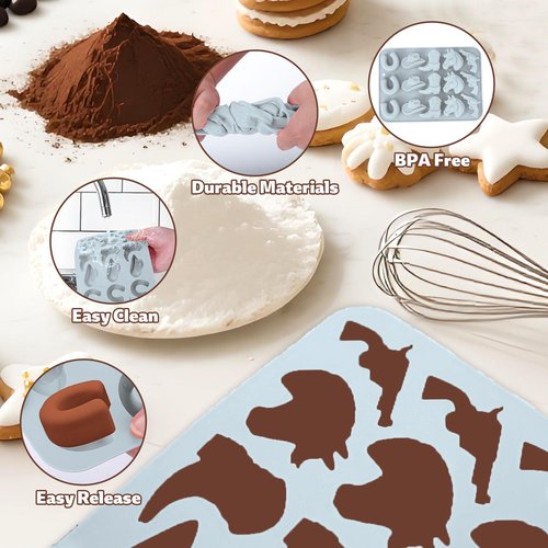 Cowboy Chocolate Molds, 2 Pcs Western Silicone Candy Fondant Mold, Cowboy Hat Boot Horse Saddle Shaped Mould, for DIY Baking Cupcake Cake Party Desserts Decorations (Light Blue)