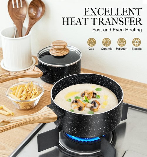 MICHELANGELO Saucepan Set, 3-Piece Nonstick Sauce Pans with Lids, 1QT, 2QT, 3QT, Black Granite Stone