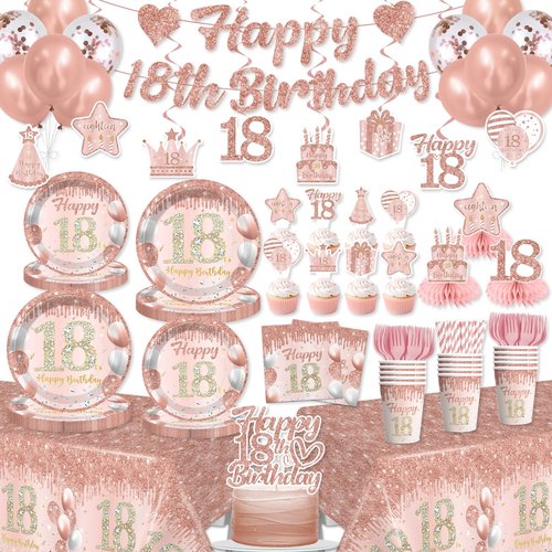 193pcs Rose Gold 18th Birthday Decorations for Girls with Tableware Set, Banner, Hanging, Tablecloth, Cupcake Topper, Centerpieces, Balloon, for Happy 18 Years Birthday Party, Serves 25