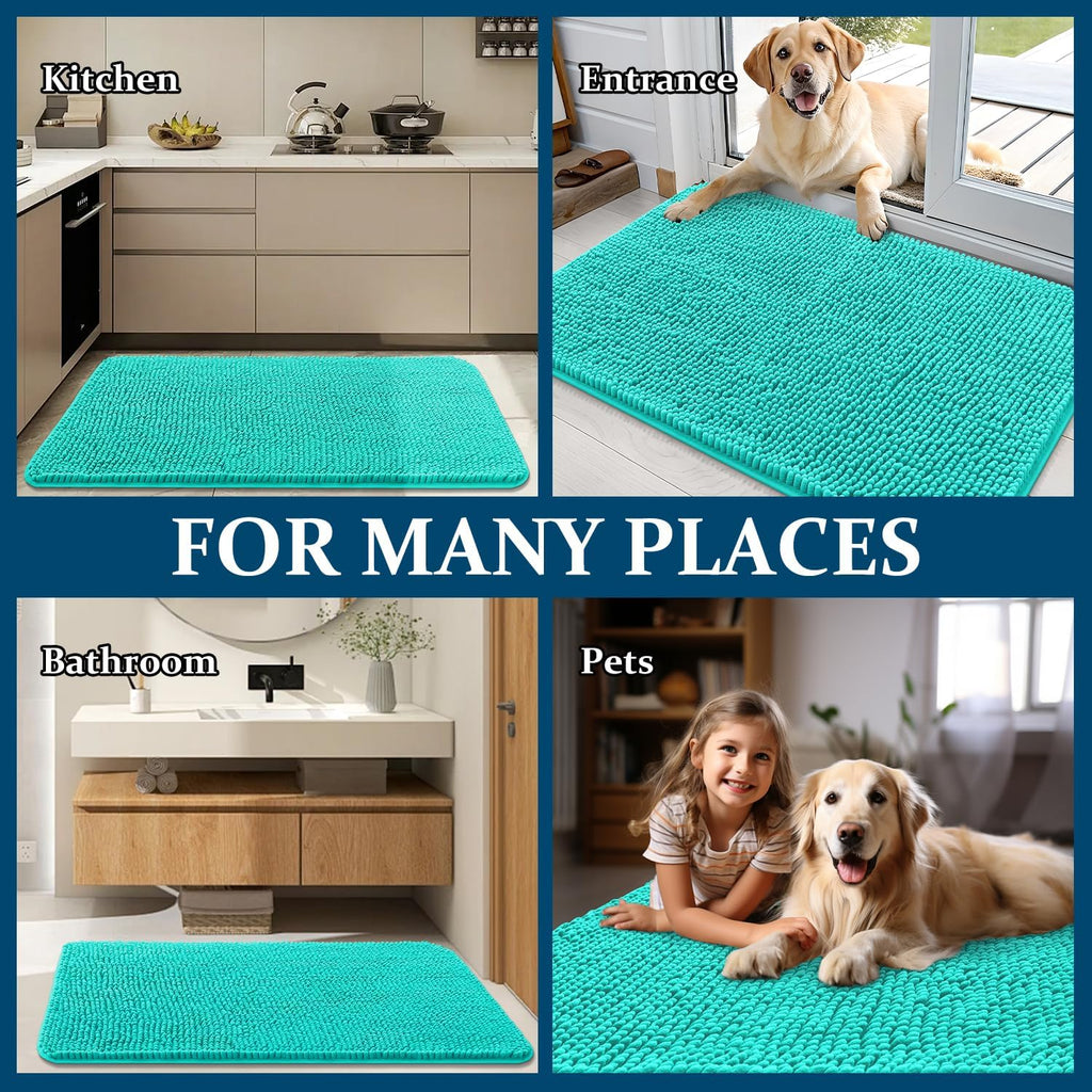OLANLY Dog Door Mat - Absorbent Non-Slip Chenille for Muddy Paws | 47x17 Inches, Quick Dry, Teal