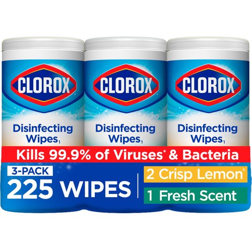 Clorox Disinfecting Cleaning Wipes for Spring Cleaning & Allergy Season, Bleach Free, Fresh Scent and Crisp Lemon, 75 Count Each, Pack of 3