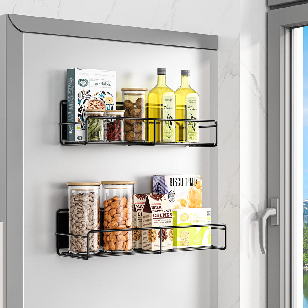 Mystozer 2 Pack Magnetic Spice Rack Organizer,Space Saver for Refrigerator and Microwave Oven, Magnetical Fridge Shelf for Jars,Seaoning,tins and Utensils (Black)