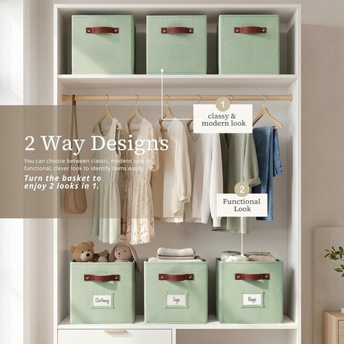 DECOMOMO Storage Bins - Fabric Cube Storage with Labels for Shelves | 10.5" x 11" | 6-Pack, Sage Green
