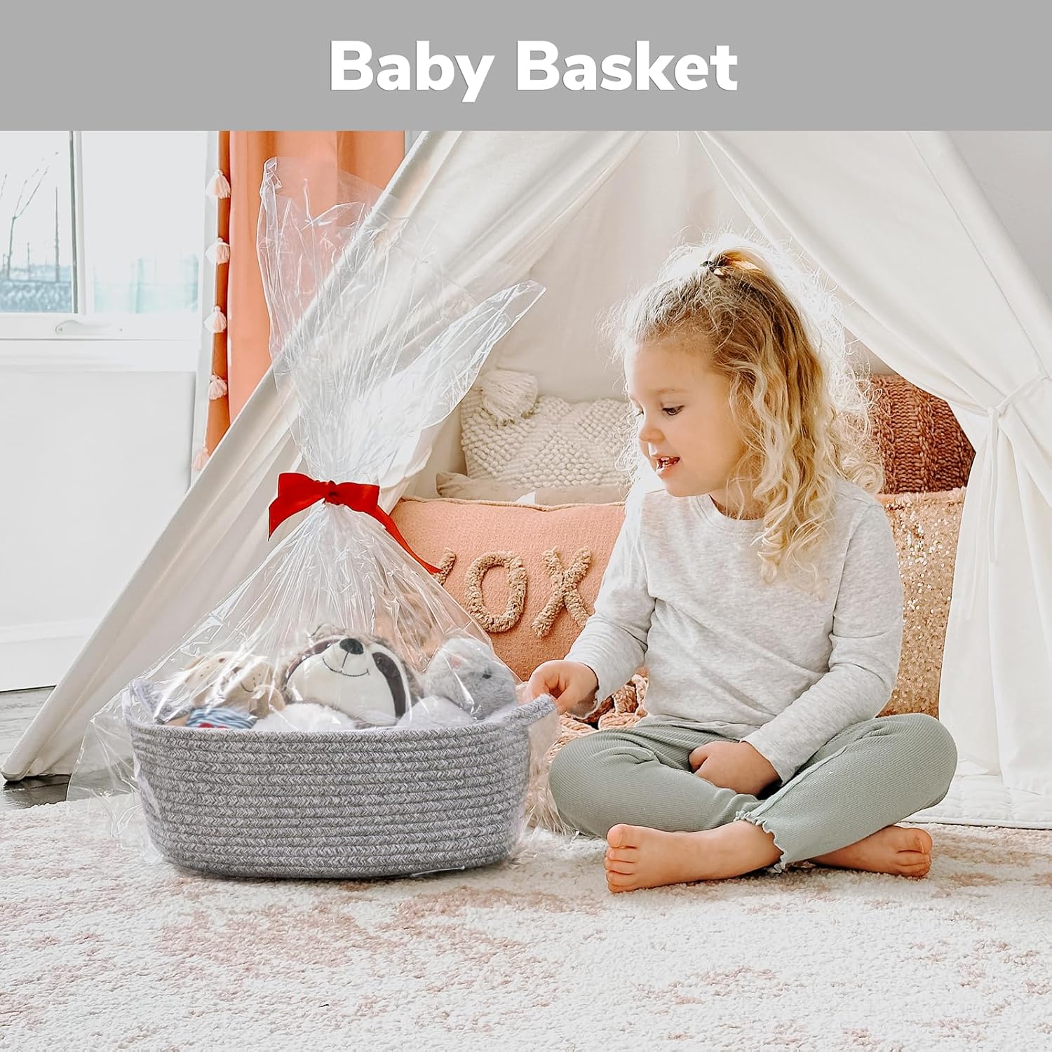 CHICVITA Decorative Gift Basket - Easter Basket for Kids | Woven Rope Storage Organizer, Grey, 13 x 9.8 x 5 Inches