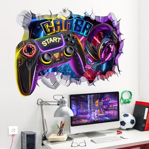 Decalmile Large 3D Gamer Controller Wall Decals - Video Gaming Joystick Stickers for Boys' Bedrooms & Playrooms
