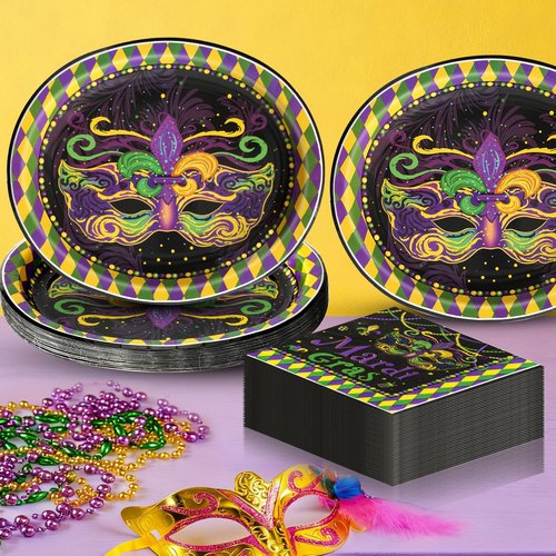 Dereinwo 50 Pcs Mardi Gras Party Large 12" x 10" Oval Paper Plates and Napkins Disposable Heavy Duty Paper Plates and Napkins for Mardi Gras Party Supplies