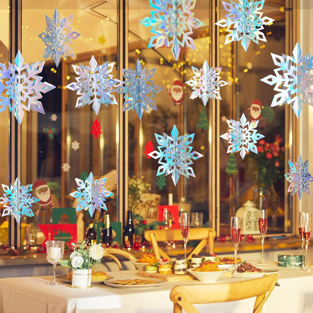 OuMuaMua Christmas Snowflake Decorations - 15pcs 3D Iridescent Laser Paper Snowflakes for Holiday Decor