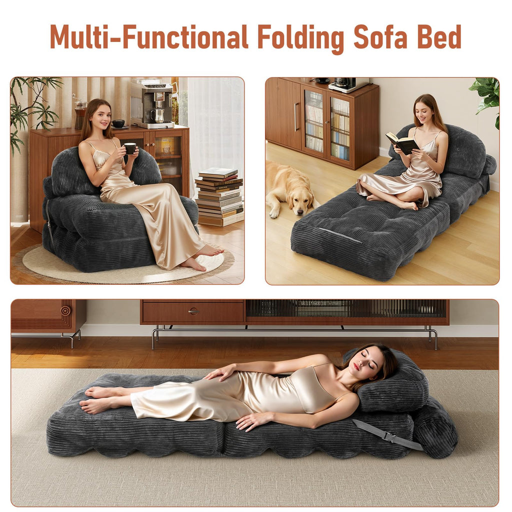 Vellorise Folding Sofa Bed, Convertible Sleeper Chair with Back Support and Pillow Futon,Boneless Foldable Couch for Living Room/Guest Use/Home Office, Foldable Chair Bed for Adults, Dark Gray