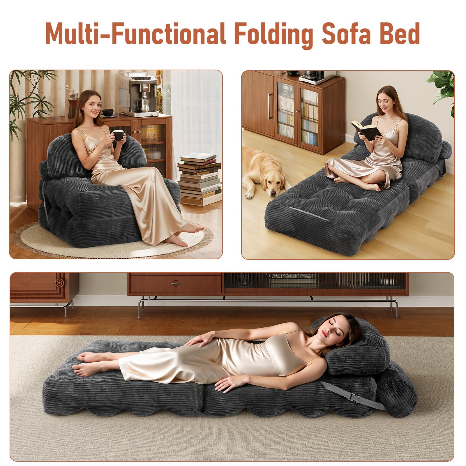 Vellorise Folding Sofa Bed, Convertible Sleeper Chair with Back Support and Pillow Futon,Boneless Foldable Couch for Living Room/Guest Use/Home Office, Foldable Chair Bed for Adults, Dark Gray