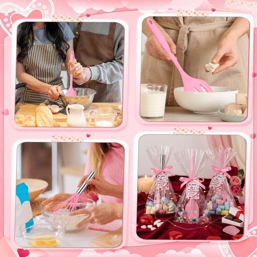 Jingmore 10 Pcs 3 Set Valentine Day Whisk Baking Gifts Pink Kitchen Utensil Gifts Set Silicone Spatula Slotted Spatula Stainless Steel Whisk with Tag Clear Bag for Cook(Pink,Valentine's Day)