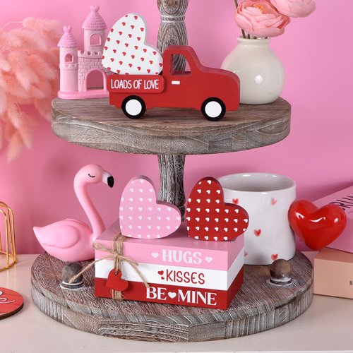 Valentine’s Day Decoration for Home, 7PCs Wooden Decorative Book Stack Set with Truck & Hearts, Rustic Valentines Table Centerpiece, Pink Red White Tiered Tray Decor for Shelf Office (red pink white)