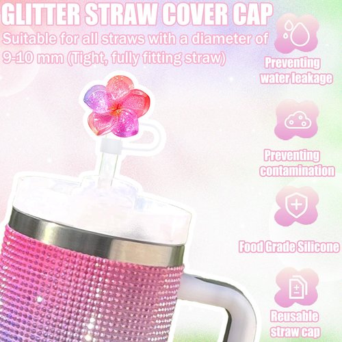 Flower Straw Toppers Set, 10mm Flower Straw Covers Topper for Stanley Cup 30oz 40 0z Tumblers, Cute Summer Themed Cup Toppers for Girls, Reusable and Shiny