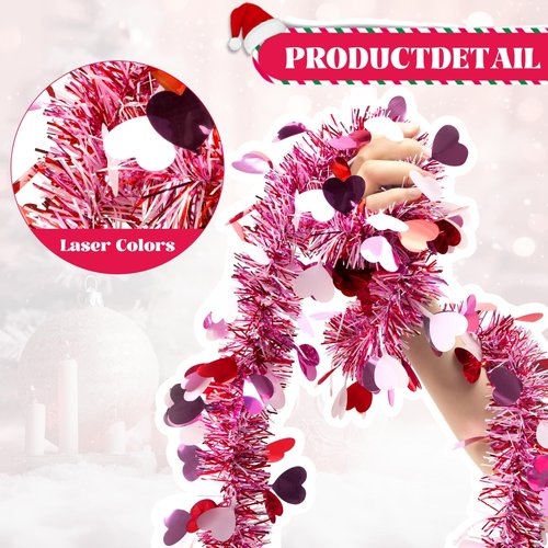 55.77 FT Valentines Day Garland Decor Red Pink Purple Heart Tinsel Garland Metallic Glitter Hanging Garlands Valentines Day Decorations for Tree Mantel Home Indoor Wedding Galentines Party.