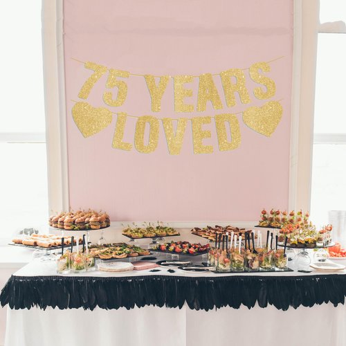 Pre-Strung 75th Birthday Banner - Gold Glitter, Happy 75th Birthday Party Decorations for Women & Men, 75 Year Old Anniversary Decor Bday Sign Gifts