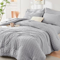 HYMOKEGE King Size Comforter Set - Luxury 7-Piece Seersucker Bedding in Light Grey for All Seasons