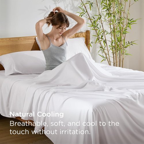 Bedsure Queen Sheet Set - Cooling Bamboo Sheets for Hot Sleepers | Soft, Breathable, Deep Pocket, White
