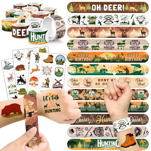 60 PCS Hunting Party Favors Set - 36 Temporary Tattoos & 24 Slap Bracelets for Kids, Perfect for Hunting Birthday Party Decorations, Baby Shower and Outdoor-Themed Supplies
