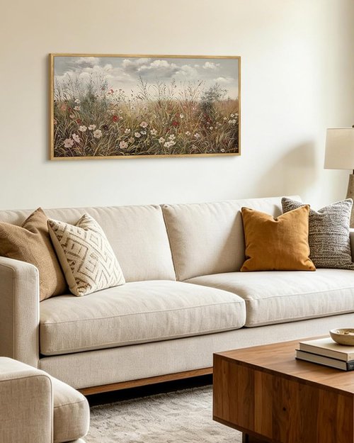 KUVIOKE Vintage Landscape Wall Art - Large 20x40in Meadow Wildflower Print | Rustic Farmhouse Decor