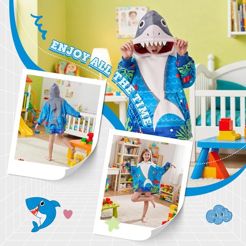 MIZZEO Kids Wearable Blanket Hoodie, Oversized Sherpa Wearable Blanket with Hood Pocket and Sleeves for Toddlers, Cute Hoodies 2-6 Year Old Girls Youth Birthday Gifts (shark)