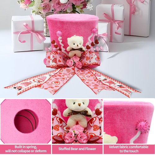 ARTSEMI Valentine Tree Topper Hat, Pink Valentines Day Decorations Tree Topper with Plush Bear and Heart Bows, Valentines Ornaments Party Decor