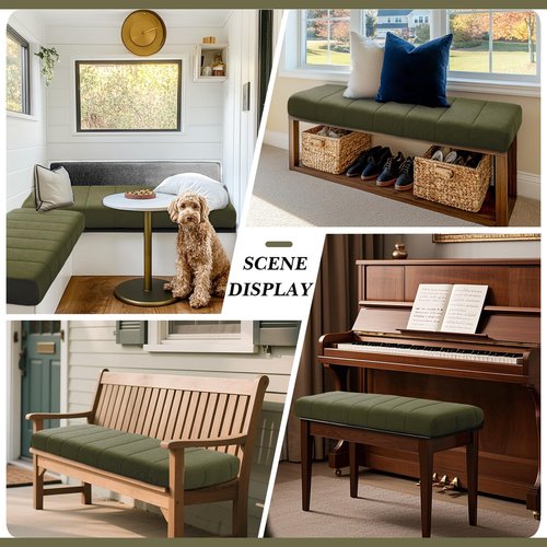 Wenqik Bench Cushion 42x16x4 Inch for Indoor Outdoor Furniture Tufted Thicken Bay Window Seat Cushion Non Slip Waterproof Dining Piano Bench Pad Pillow Anti Cat Scratch for Patio Porch Swing, Green