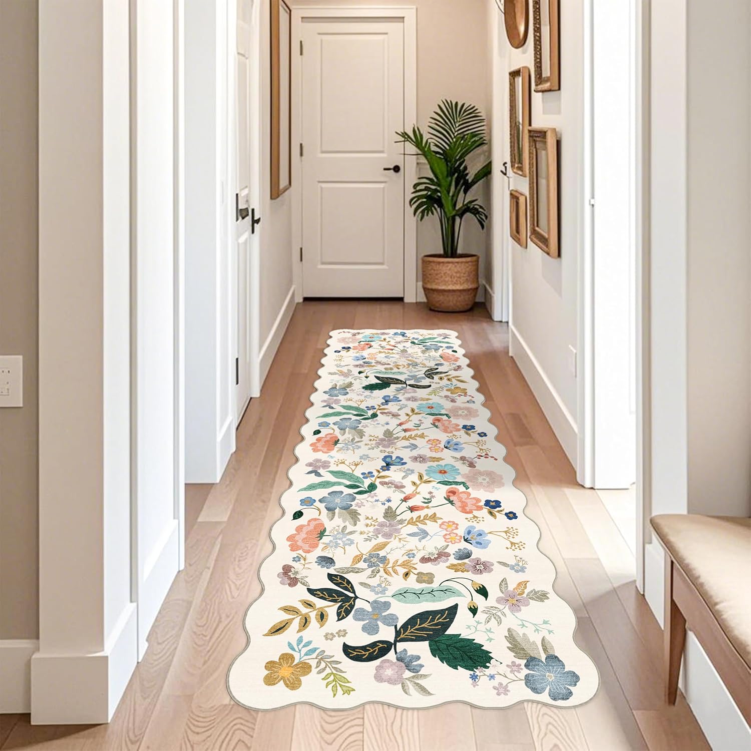 Skiennix 3x10 Washable Hallway Runner Rug - Soft Floral Non-Slip Carpet for Kitchen & Entryway | Cream