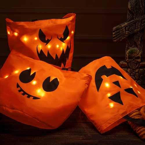 JOYIN 3 PCS Halloween Candy Pumpkin Buckets, 10.2 x 11.8 LED Light Trick or Treat Buckets, Orange Reusable Goody Treat Baskets for Kids Polyester Bags, Halloween Birthday Party Favor Supplies