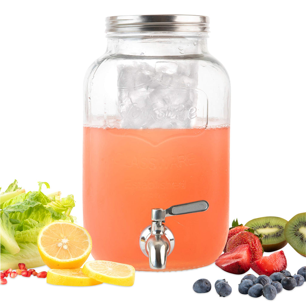 2 Gallon Glass Beverage Dispenser with Ice and Fruit Infusers, Stainless Steel Spigot and Metal Lid, Wide Mouth Mason Jar Drink Dispenser, for Iced Tea, Kombucha Brewing and more