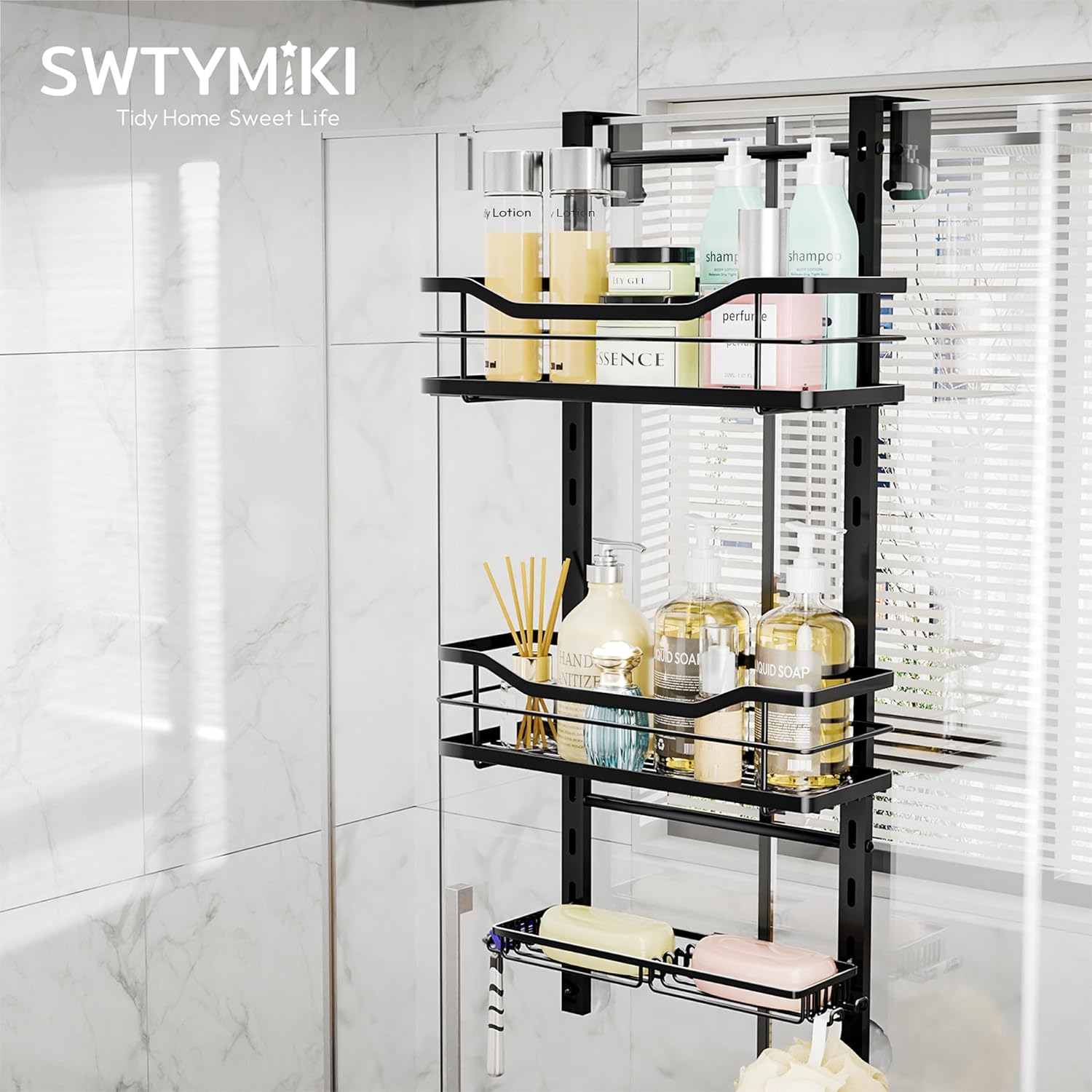SWTYMIKI Over The Door Shower Caddy - 3 Tier Adjustable Organizer with Soap Holder | No Drilling Stainless Steel, Black
