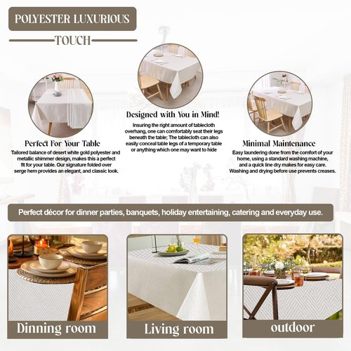 Majestic Giftware Polyester Tablecloths for Rectangle Tables | (54/72) - TC1336 Jacquard Desert White Gold Print Hem Stitch Dining Table Cover | Decorative Washable Tablecloth for Kitchen, Dining