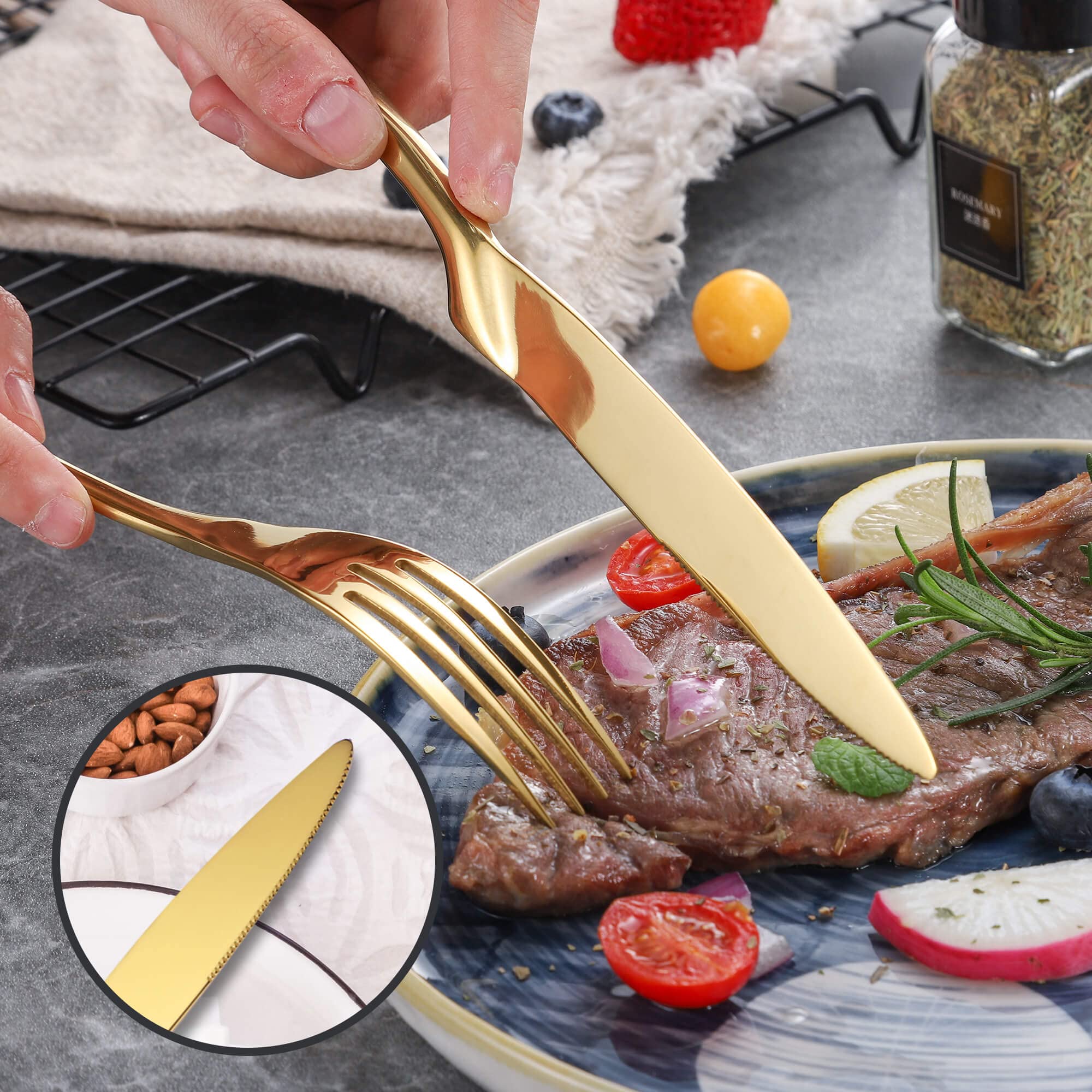 Lemeya 20-Pieces Gold Silverware Set for 4,Heavy Duty 18/10 Stainless Steel Flatware Set with Forged Stand Knives,Modern Cutlery Utensil Set,Mirror Polished,Dishwasher Safe