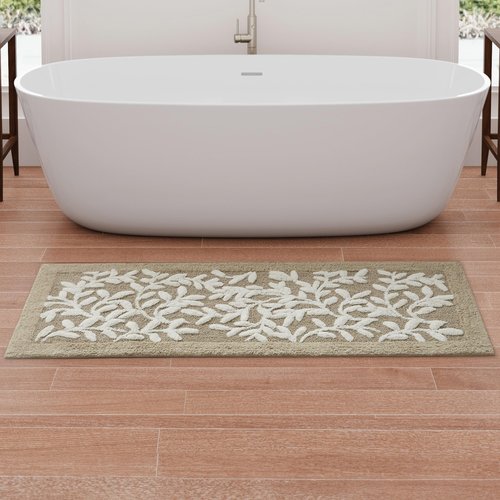 Madison Park Serene 100% Cotton Tufted Bathroom Rug - High & Low Tufting Floral Leaf Design, Quality Luxurious Plush Medium Pile Bath Mat Absorbent, Quick Dry, Shower Room Décor, 24x60 Taupe