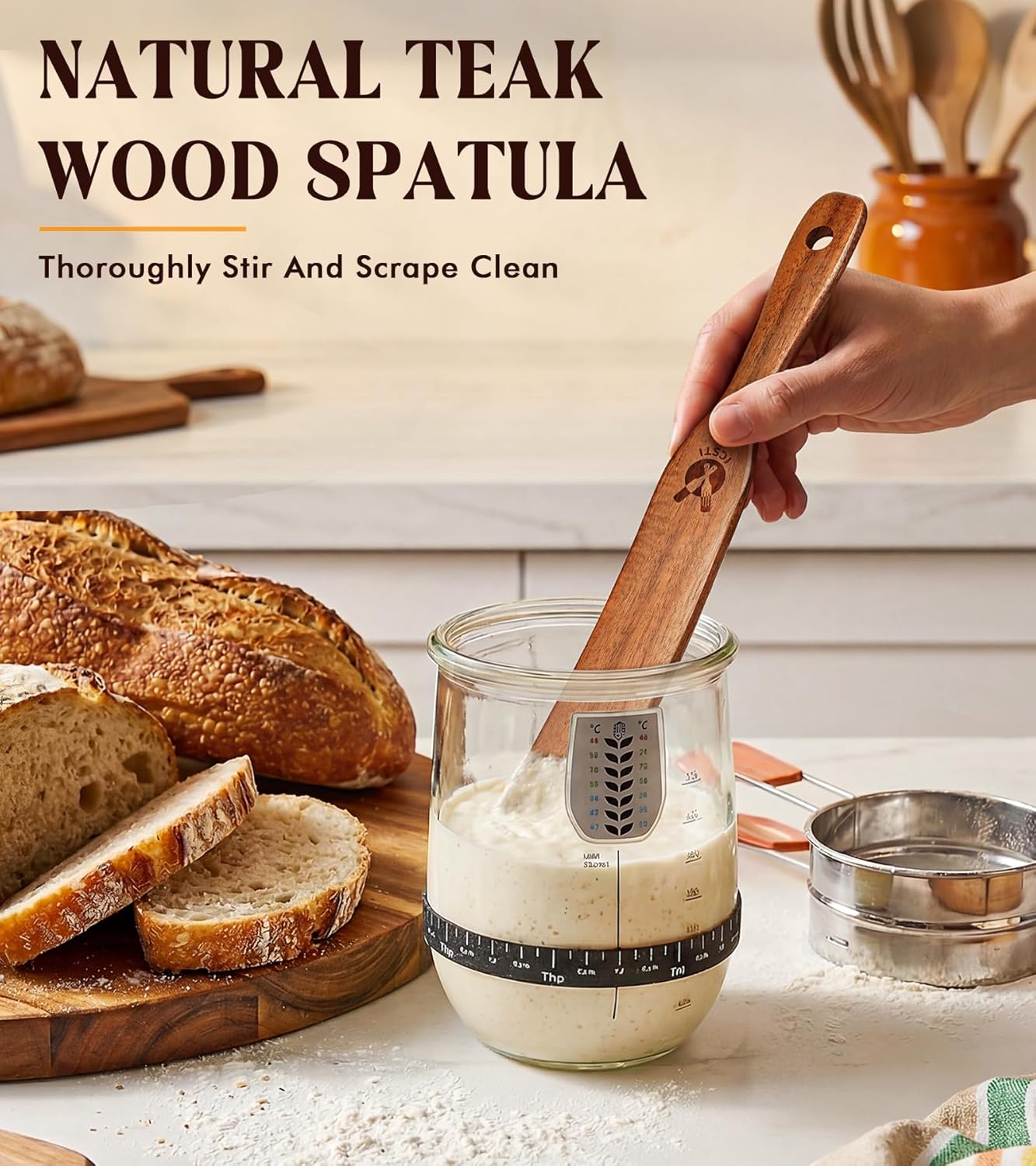 Skiennix Skinny Spurtle - Natural Teak Dough Whisk for Sourdough Starter | Perfect for Mixing & Reaching Jar Bottom