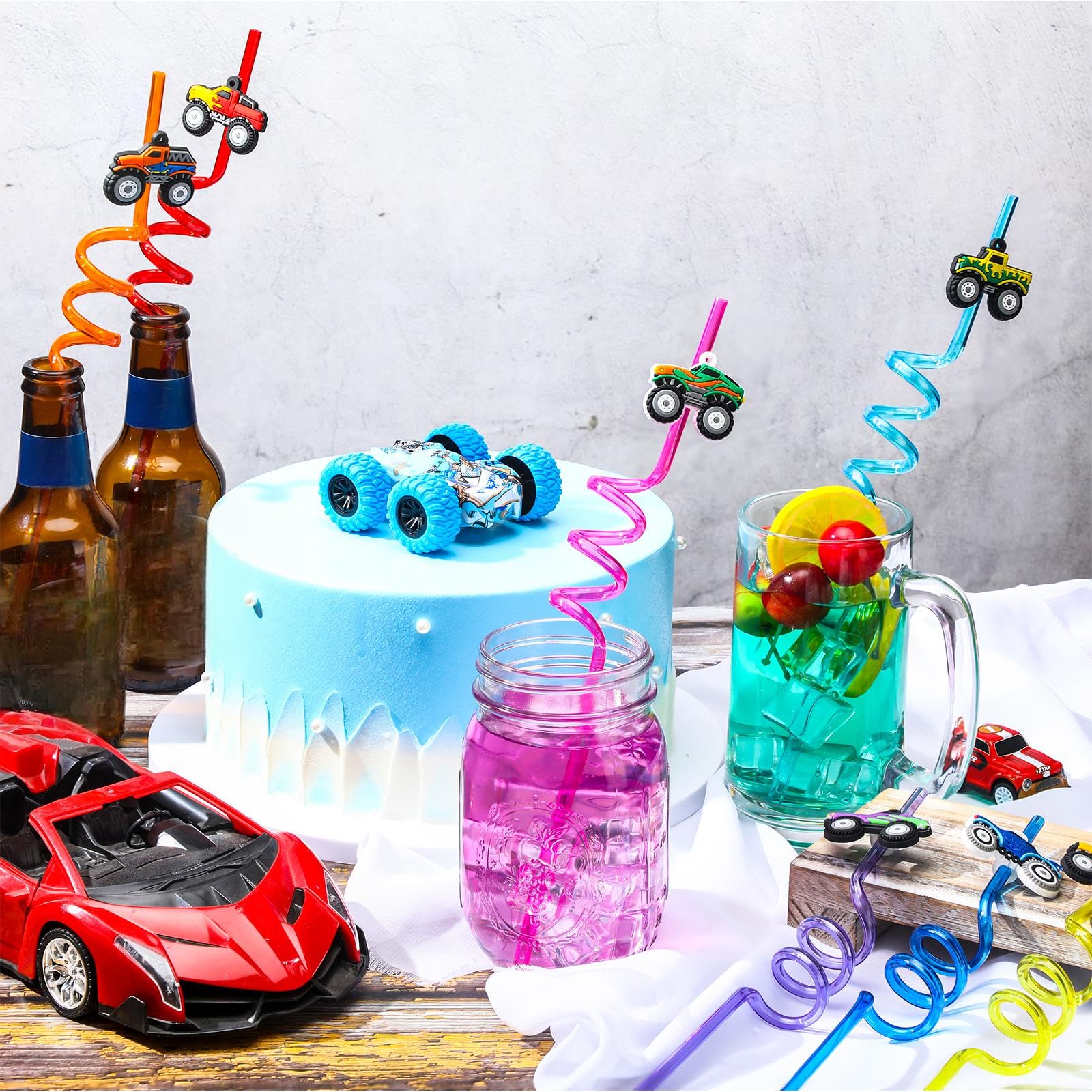 Skyley 24 Pcs Truck Straws Crazy Reusable Twisty crazy straws for Kids Boys Car Birthday Party Favors Supplies, 6 Styles