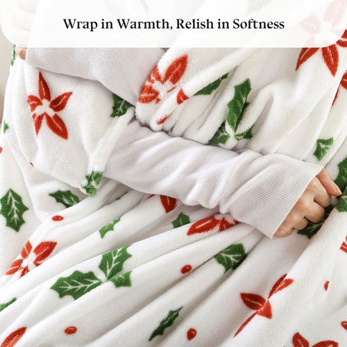 Christmas Fleece Print Throw Blanket Twin Size, Super Soft Plush Cozy Fuzzy Red Floral and Green Leaves Printed Twin Blankets for Couch Sofa Bed, and Home, Microfiber Flannel, All Seasons 60x80 Inches