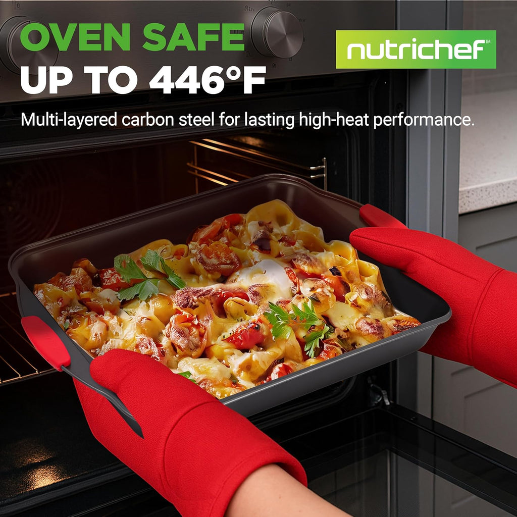 NutriChef Non-Stick Baking Pans Set - Deluxe Commercial Grade Bakeware with Red Silicone Handles | 8 Piece Gray Coating