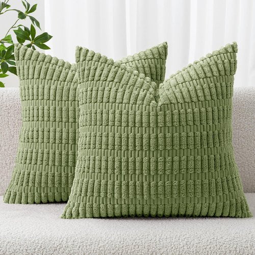 MIULEE Decorative Throw Pillow Covers - Soft Boho Striped Corduroy | 18x18 Inch Sage Green, Pack of 2