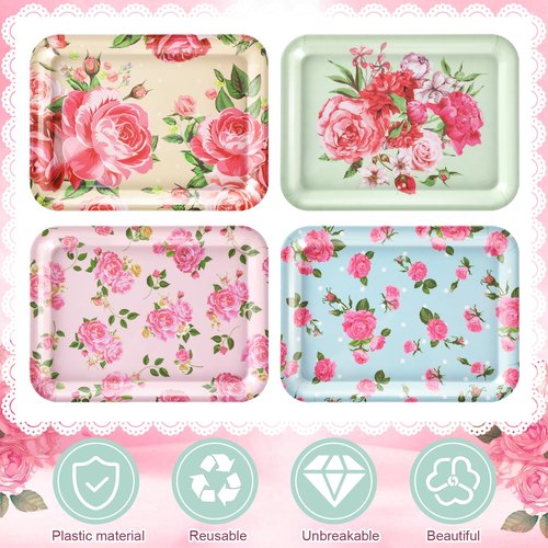 Tiangrid 4 Pcs Melamine Serving Trays Platters Snack Trays Reusable Rectangle Platters for Sports Game Day Flower Tea Party Food Dessert Cookies Serving Plates Supplies, 13 x 9.7 Inch(Flower)