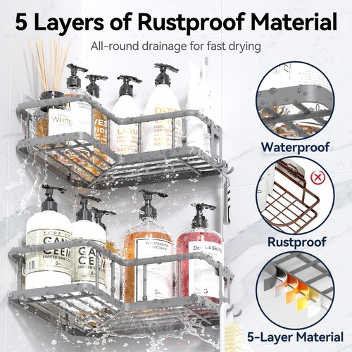 YASONIC Shower Caddy Corner, 3-Pack Adhesive Rustproof Stainless Steel Shower Shelves with Soap Holder, No Drilling Shower Organizer Corner for Dorm, Renters Bathroom, Grey