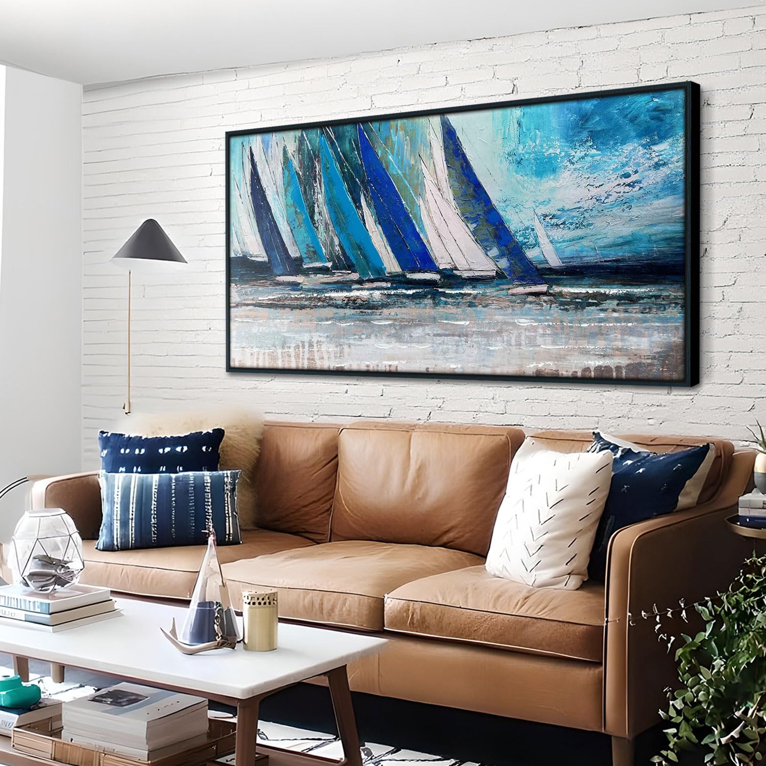 Arjun Framed Wall Art Blue Large Sailboat, Nautical Abstract Canvas Painting for Living Room 40"x20", Teal Coastal Picture Artwork Bedroom Home Office Wall Decor
