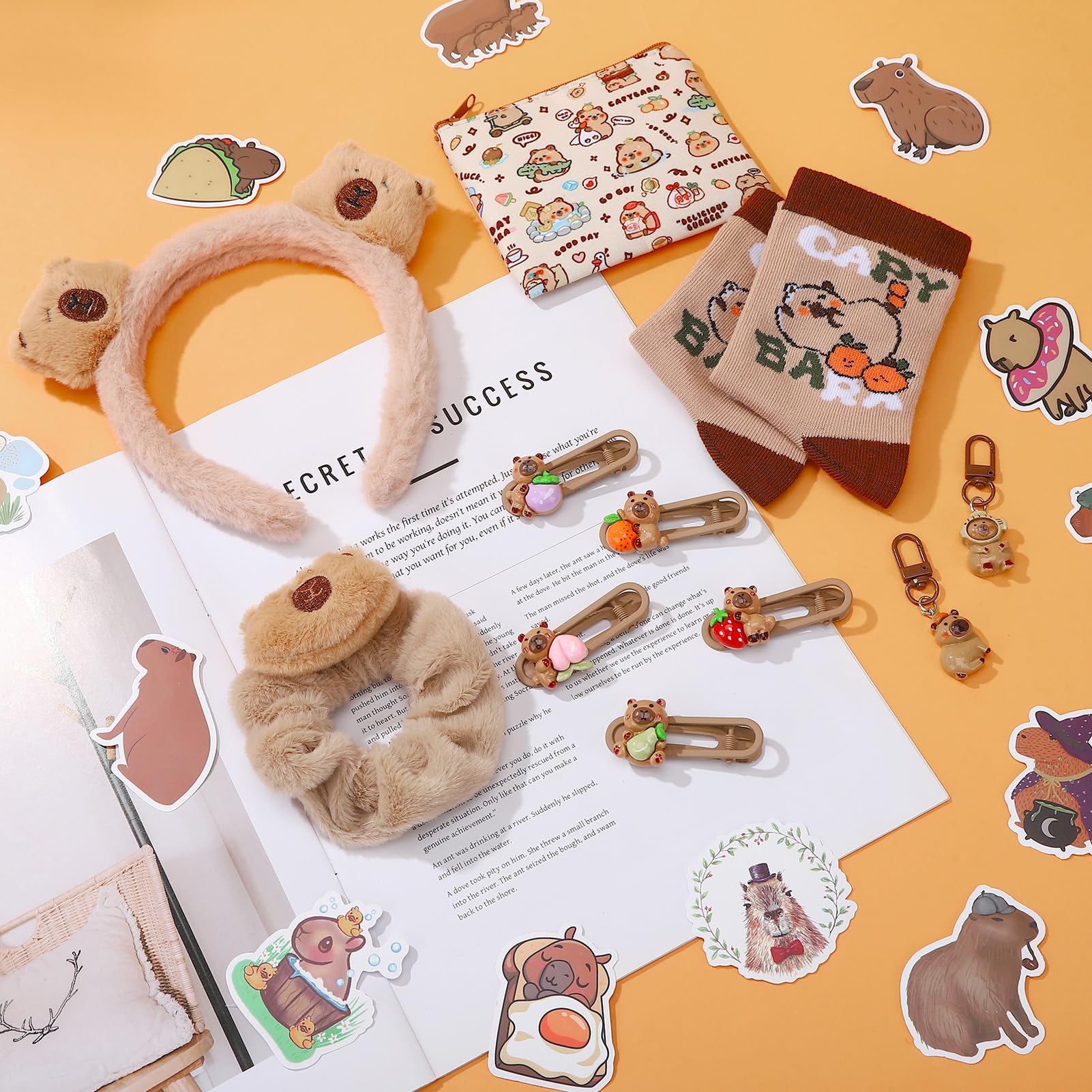 Ovveroche Capybara Gift Set for Girls Cozy Plush Blanket 2 Keychains 55 Stickers Socks Hair Clips Headband Coin Purse Cute Birthday