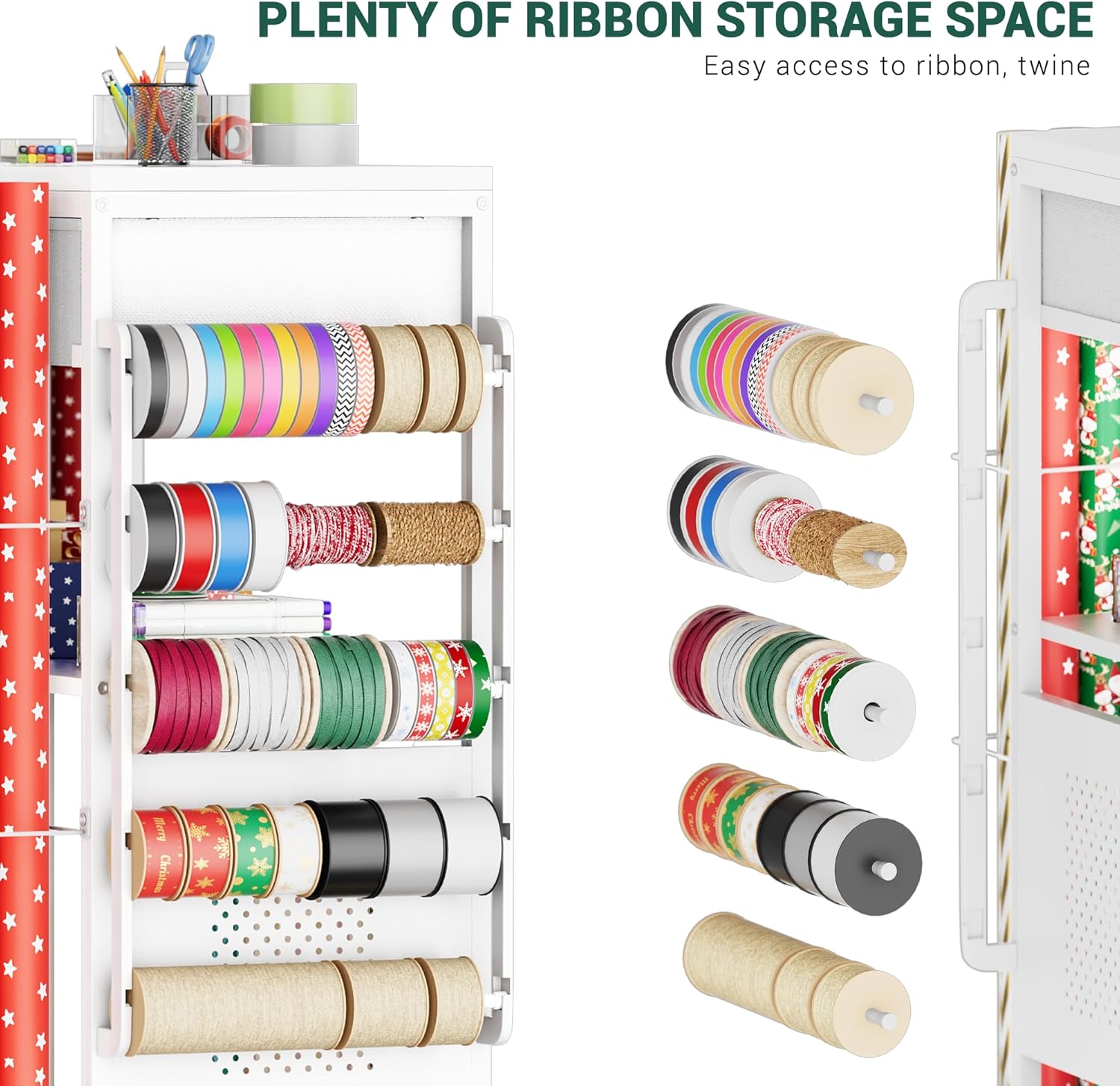 PUNLUXU Wrapping Paper Storage Cart - Rolling Gift Wrap Station with Ribbon & Gift Bag Organizer