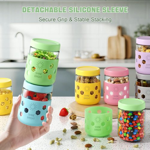 4 Pack Overnight Oats Containers with Lids - Thickened Glass 16 oz Mason Jars with Silicone Sleeves, Wide Mouth Airtight Leak-Proof Chia Seed Pudding Meal Prep Jars for Yogurt Parfait Snacks