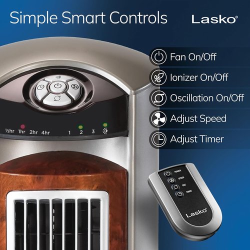 Lasko Oscillating Tower Fan - Quiet Remote-Controlled Floor Fan for Bedroom - 42" Woodgrain & Grey