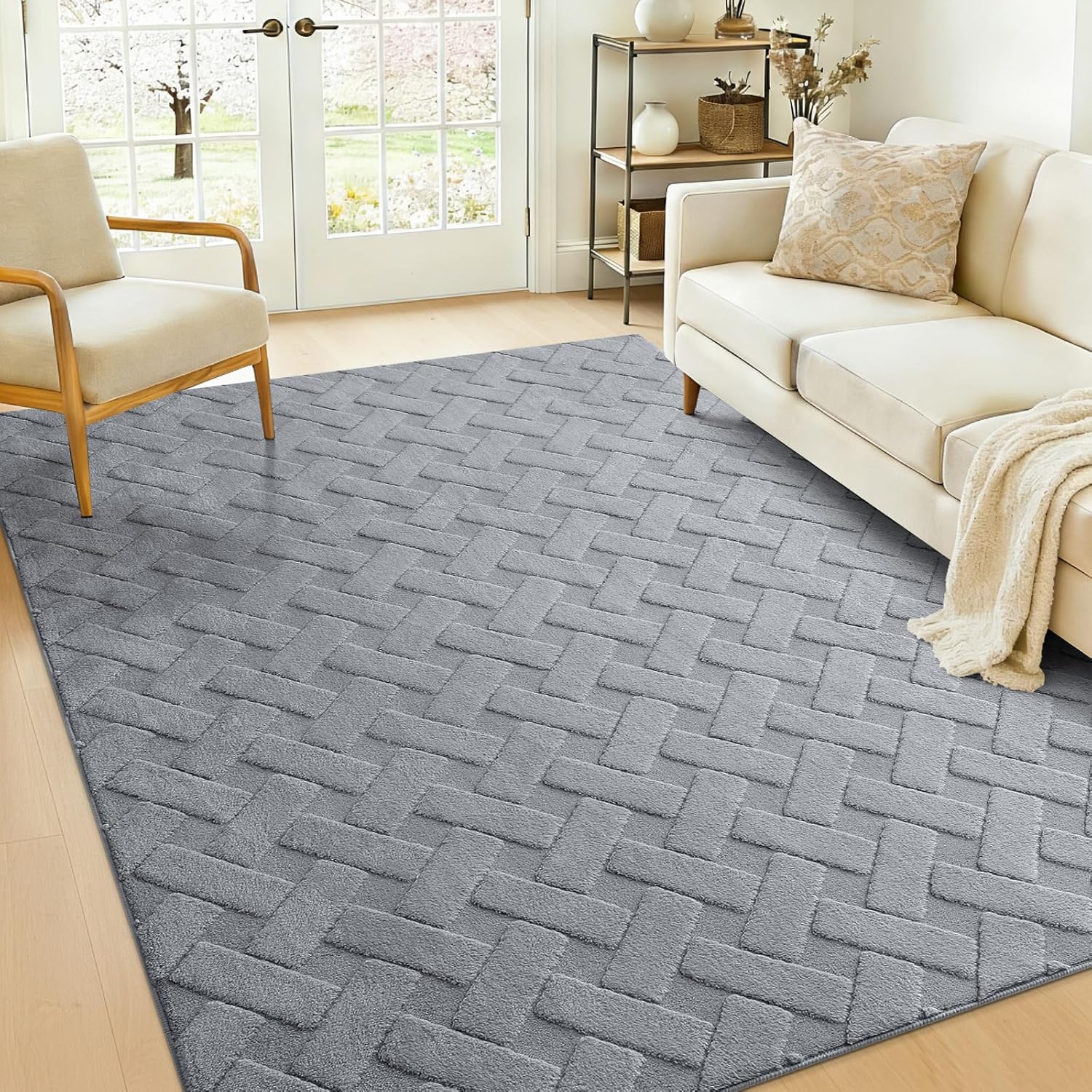OLANLY Area Rug - Soft Plush Geometric Shaggy Carpet for Living Room & Bedroom | 4x6 ft, Easy Clean, Grey