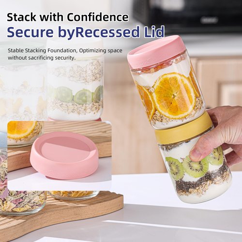 GLATABAM 16 OZ 4Pack, Overnight Oats Jars with Lids, Glass Meal Prep Containers, Airtight Mason Jars for Breakfast, Yogurt Parfait, Salad & Smoothies, Leakproof and Reusable Food Storage Jars(4-2)