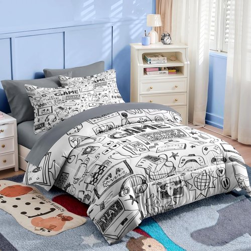 Nesker Comforter Set Twin Size, Computer Games Doodles 5 Pcs Bedding for Kids Teens, Gamer Gaming Black Bedding Set with Pillowcase & Sham
