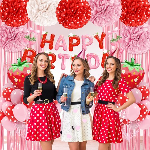 CM ZH set Strawberry Birthday Decorations with Red Pink White Paper Pompoms Red Pearl Pink Balloons Happy Birthday Banner Fringe Curtain for Gender Reveal Strawberry Baby Shower Decorations