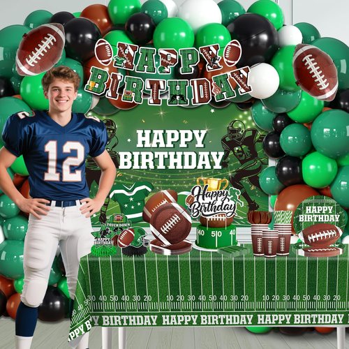 cocomigo 245 Pcs Football Birthday Party Decorations Birthday Banner, Balloons Arch, Plates and Napkins Set Tablecloth Backdrop for Football Party Decorations